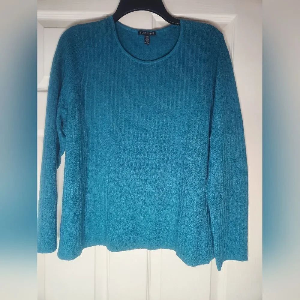 EileenFisher XL JasperGreen OrganicLinen StretchCrewNeck LngSlv Women TopSweater